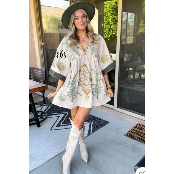 Beige & Green Boho Embroidered V Neck 3/4 Sleeve Babydoll Mini Dress - Picture 12 of 16